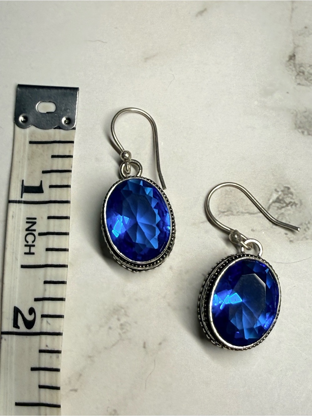 Blue Oval Tanzanite Drop Earrings - Silver